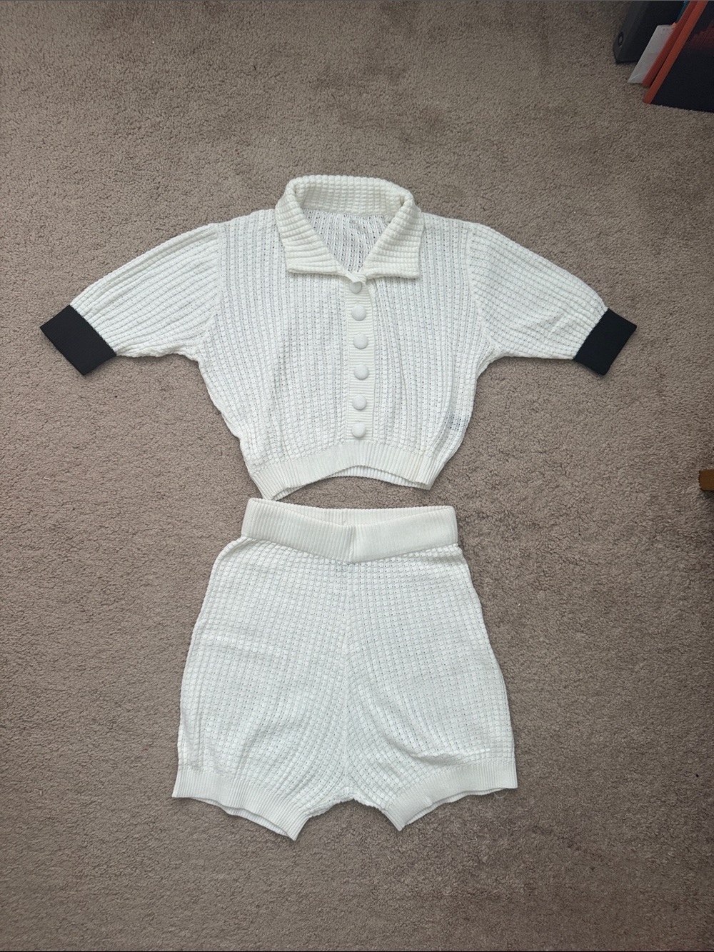 SHEIN White Knit Button-Front Cropped Top & High-Waist Shorts Set